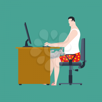 Freelancer working at table. Remote work. job desk with computer and cat. Naked Man in underwear Working at PC at home. Vector illustration
