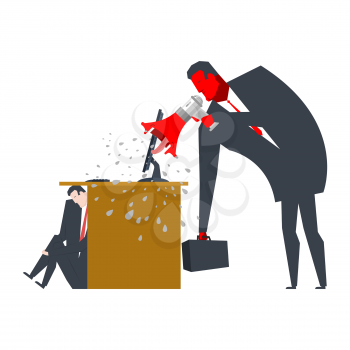 Angry Boss is scolding manager. manager is hiding under table. Office life. Businessman screaming at subordinate. Desktop at computer. Punishment at work. Vector illustration