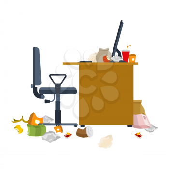 Dirty workplace. Garbage and sticks. filthy computer desk. Work at home at PC. Vector illustration

