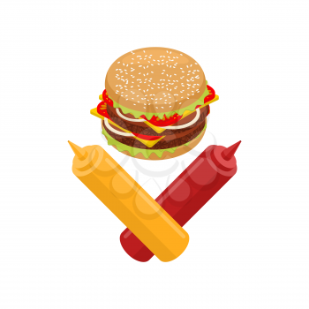 Hamburger and ketchup and mustard. Symbol harm is danger of fast food. Vector illustration
