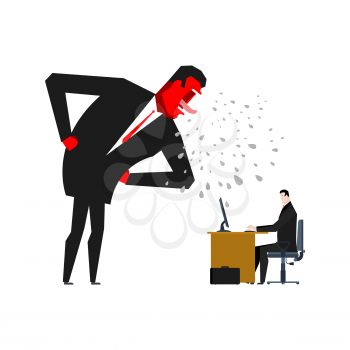 Angry Boss is scolding manager. Office life. Businessman screaming at subordinate. Desktop at computer. Punishment at work. Vector illustration
