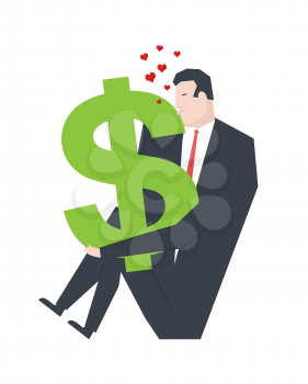 Businessman kisses dollar. Love money profit. Vector illustration
