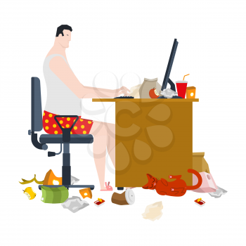 Freelancer and dirty work table. filthy workplace. Remote work at home. Garbage and sticks. Cat. Vector illustration