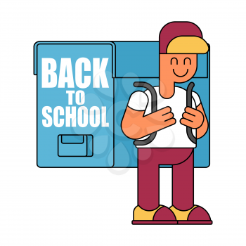 Back to school.  Boy and big  schoolbag. Illustration for September 1. Schoolboy goes to school With Backpacks

