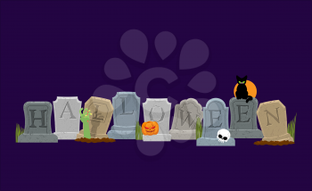Halloween. Grave and hand of zombie. Black cat and skull. Sinister Pumpkin. Gravestone in cemetery. Illustration for terrible holiday