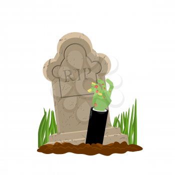 Halloween. Grave and hand of zombie. Gravestone and arm dead man. Illustration for terrible holiday
