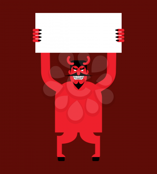 Red devil hand holding white sheet. Satan holds and signboard
