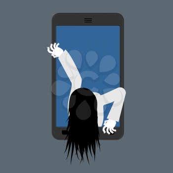 Witch zombie from smartphone. Zombie girl comes out of phone gadget. Illustration for Halloween
