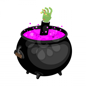 Pot with magical potion and hand zombie. Witch accessory. Halloween illustration.
