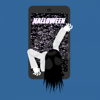 Halloween Witch zombie from smartphone. Zombie girl comes out of phone gadget. Interference Glitch phone

