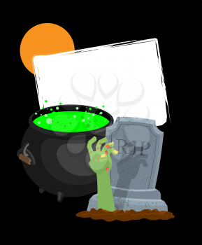 Halloween template. Pot with magical potion and hand of zombie. grave and arm green corpse. Illustration for terrible holiday
