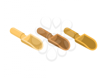Wooden scoop empty set. Wood spoon for loose products. Vector illustration