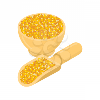 Corn grits in wooden bowl and spoon. Groats in wood dish and shovel. Grain on white background. Vector illustration
