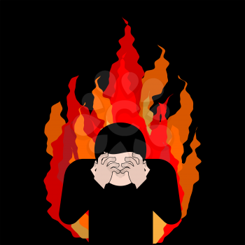 Sinner on fire. OMG. Cover face with hands. Despair and suffering. Hell fire. Vector illustration