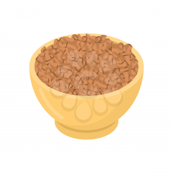 Buckwheat in wooden bowl isolated. Groats in wood dish. Grain on white background. Vector illustration
