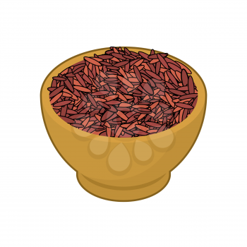 Red rice in wooden bowl isolated. Groats in wood dish. Grain on white background. Vector illustration
