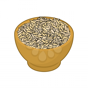 Parboiled rice in wooden bowl isolated. Groats in wood dish. Grain on white background. Vector illustration
