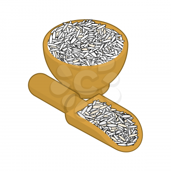 Basmati rice in wooden bowl and spoon. Groats in wood dish and shovel. Grain on white background. Vector illustration