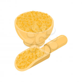 Bulgur in wooden bowl and spoon. Groats in wood dish and shovel. Grain on white background. Vector illustration