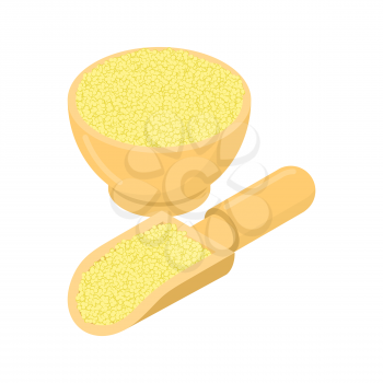 Cuscus in wooden bowl and spoon. Groats in wood dish and shovel. Grain on white background. Vector illustration