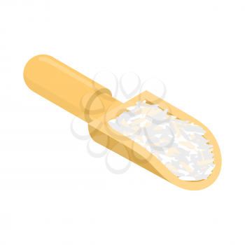Basmati rice in wooden scoop isolated. Groats in wood shovel. Grain on white background. Vector illustration
