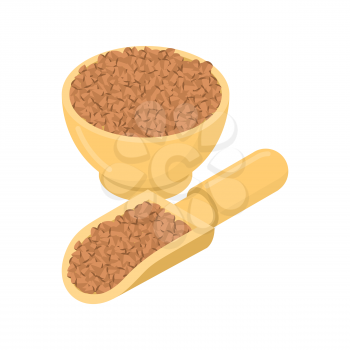 Buckwheat in wooden bowl and spoon. Groats in wood dish and shovel. Grain on white background. Vector illustration