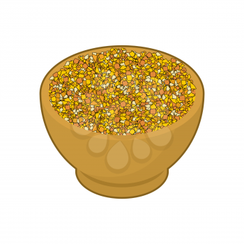 Corn grits in wooden bowl isolated. Groats in wood dish. Grain on white background. Vector illustration
