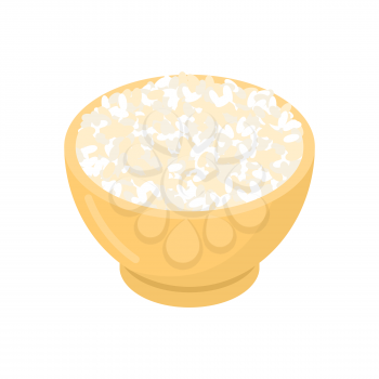 Round rice in wooden bowl isolated. Groats in wood dish. Grain on white background. Vector illustration

