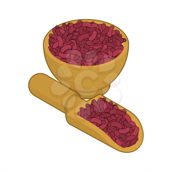 Red beans in wooden bowl and spoon. Groats in wood dish and shovel. Grain on white background. Vector illustration