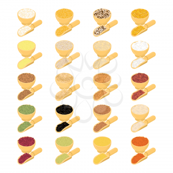 Cereals in wooden bowl and spoon set. Rice and lentils. Red beans and peas. Corn and barley gritz. Millet and cuscus. Oat and buckwheat. Bulgur and wheat. Groats in wood shovel. Vector illustration
