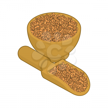 Wheat in wooden bowl and spoon. Groats in wood dish and shovel. Grain on white background. Vector illustration