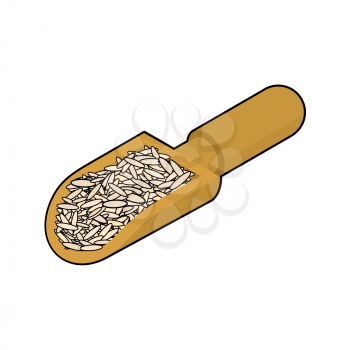 Brown rice in wooden scoop isolated. Groats in wood shovel. Grain on white background. Vector illustration

