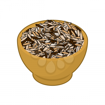 Wild rice in wooden bowl isolated. Groats in wood dish. Grain on white background. Vector illustration

