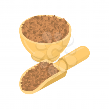 Lentils in wooden bowl and spoon. Groats in wood dish and shovel. Grain on white background. Vector illustration