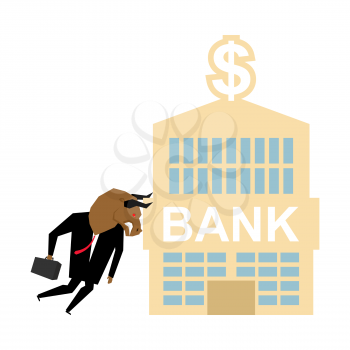 Bull and bank building. businessman attacked bank. Vector illustration
