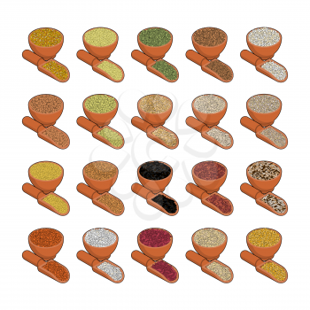 Groats in wooden bowl and spoon set. Rice and lentils. Red beans and peas. Corn and barley gritz. Millet and cuscus. Oat and buckwheat. Bulgur and wheat. Cereals in wood shovel. Vector illustration
