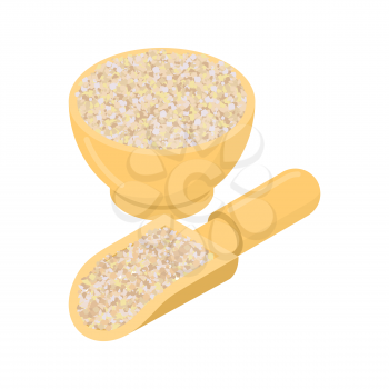 Barley grits in wooden bowl and spoon. Groats in wood dish and shovel. Grain on white background. Vector illustration