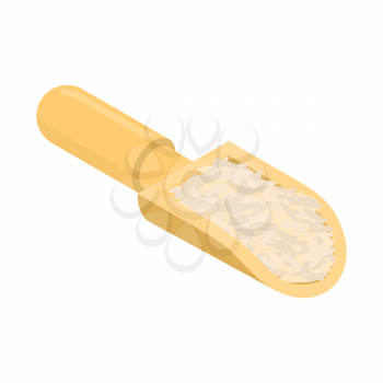 Brown rice in wooden scoop isolated. Groats in wood shovel. Grain on white background. Vector illustration
