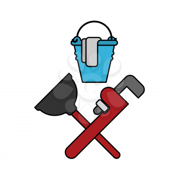 Plumber service emblem. Plumber and Logo Cleaning. rubber plunger and adjustable wrench. Bucket for washing
