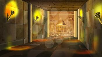 Digital painting of a Ancient Egyptian temple indoor with columns and torches.
