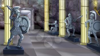 Digital painting of the Ancient Temple interior with columns, marble walls and statues