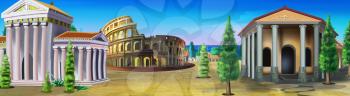 Digital painting of Ancient Rome. Summer day view with a buildings, trees and Coliseum. Panorama image. Long shot.