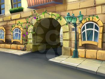 Digital painting of the arched gate. Enter the courtyard of an apartment house