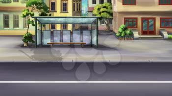 Digital painting of the designated place where buses stop for passengers to board.