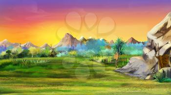 Digital painting of Stone cave (left)  in prehistoric times in Africa. Summer day view with a stones, trees and mountains. Long shot.