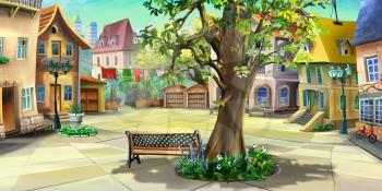 Digital painting of a small courtyard in the city. Summer day view with a houses, trees and bench. Long shot.