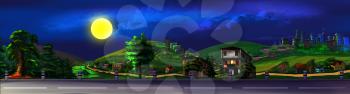 Digital painting of the urban road at night with moon in a dark sky. Panorama