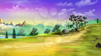Digital painting of the landscape with trees and mountains.