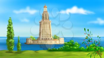 Digital painting of the Lighthouse of Alexandria - one of the wonders of the world.