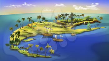 Digital painting of the small pirate island with boats and palms.